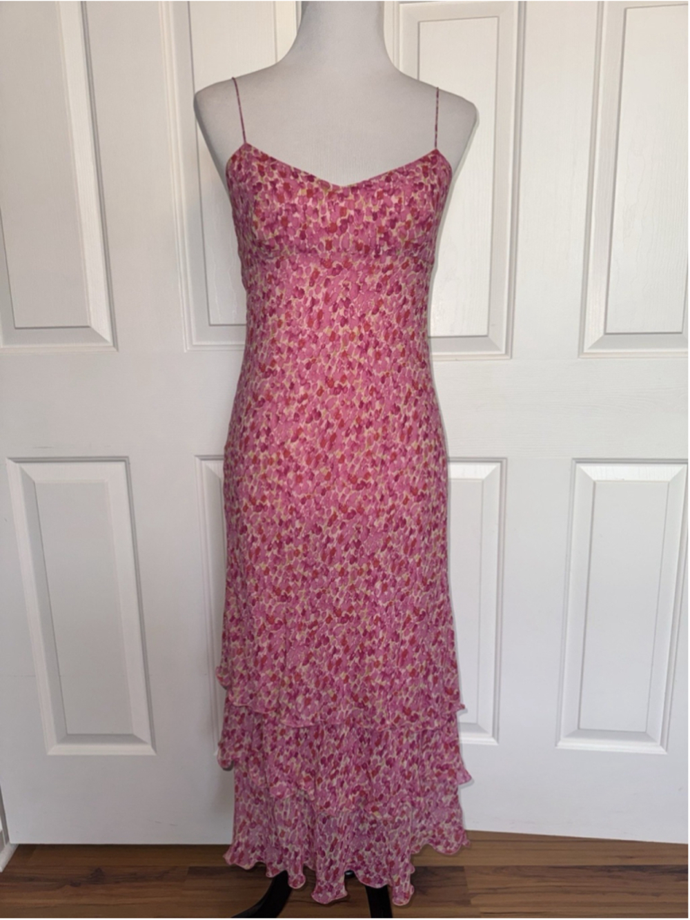 Vintage Ann Taylor 100% Silk Pink Floral Midi Dress Fairy Coquette Wedding Sz 6